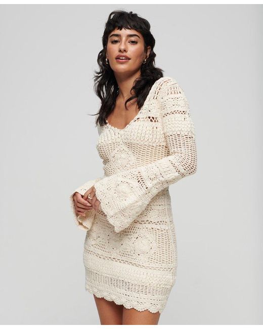Superdry Natural Crochet Flared Sleeve Mini Dress