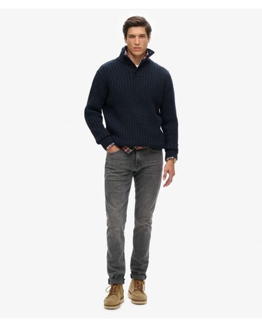 Superdry Blue Ribbed Half Button Jumper for men
