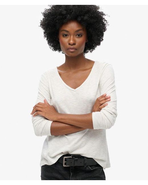 Superdry White Long Sleeve V Neck Jersey Top