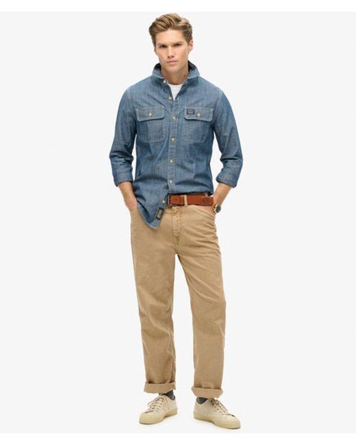 Superdry Blue Cotton Workwear Long Sleeve Shirt for men