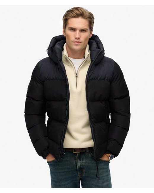 Superdry Black Colourblock Hooded Puffer Jacket for men