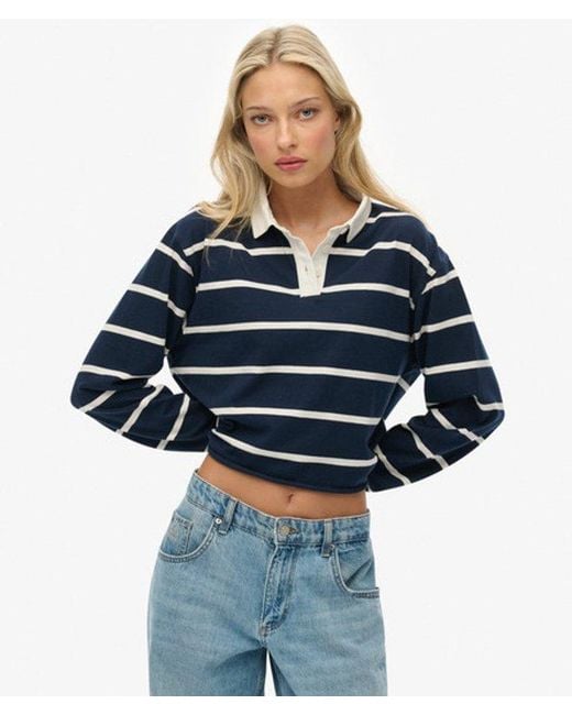 Superdry Blue & Co Athletic Essentials Cropped Stripe Rugby Top