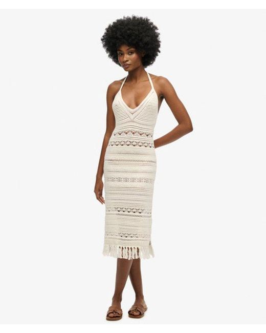 Superdry Natural Cotton Crochet Tassel Midi Dress