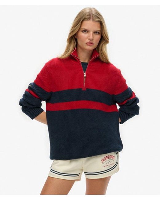 Superdry Red Oversized Cotton Classic Stripe Half-zip Jumper