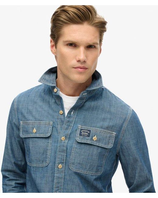 Superdry Blue Cotton Workwear Long Sleeve Shirt for men