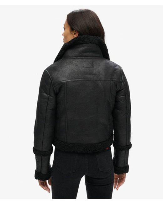 Superdry Black & Co Faux Shearling Cropped Aviator Jacket