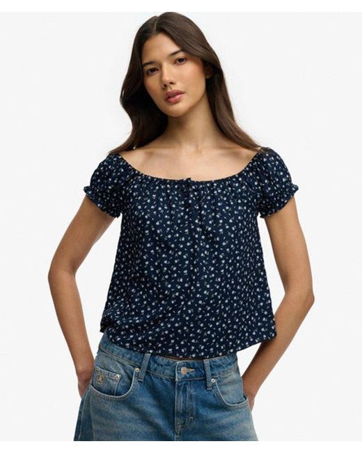 Superdry Blue Short Sleeve Half Button Woven Top