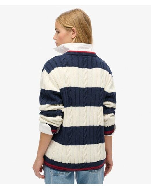 Superdry Blue & Co Stripe Oversized Cable V Neck Jumper
