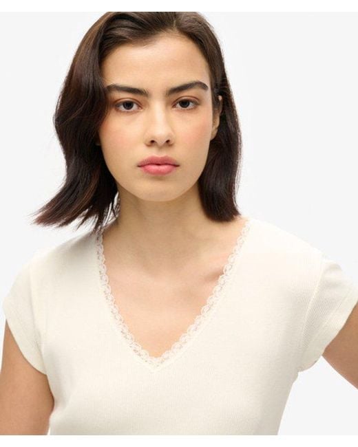 Superdry White & Co Ladies Embroidered Organic Cotton Essential Lace Trim V-neck T-shirt