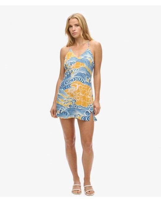 Superdry Blue Cupro Printed Mini Slip Dress