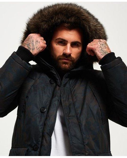 Superdry Black Faux Fur Trimmed Everest Coat Microfibre Camo for men