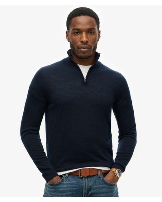Superdry Blue Merino Half Zip Jumper for men