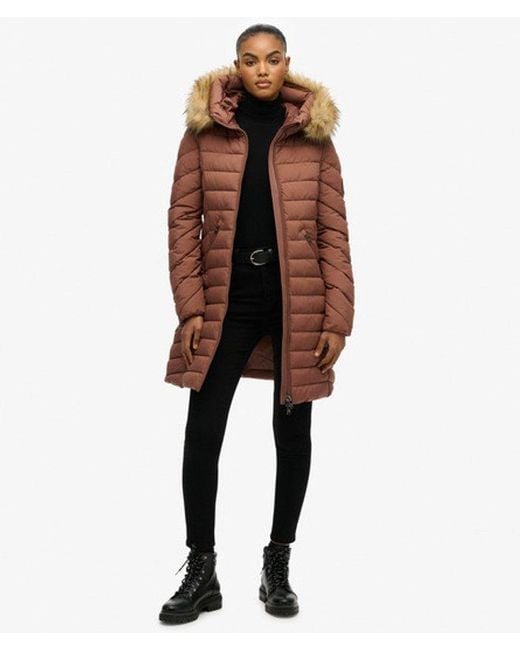Superdry Brown & Co Fuji Faux Fur Hooded Mid Length Coat