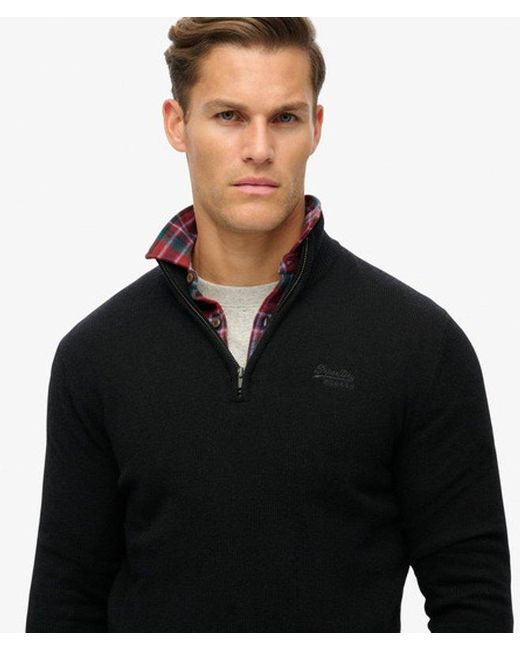 Superdry Black Essential Embroidered Knitted Half Zip Jumper for men