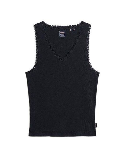 Superdry Black Ladies Slim Fit Ribbed Athletic Essentials Lace Trim Vest Top