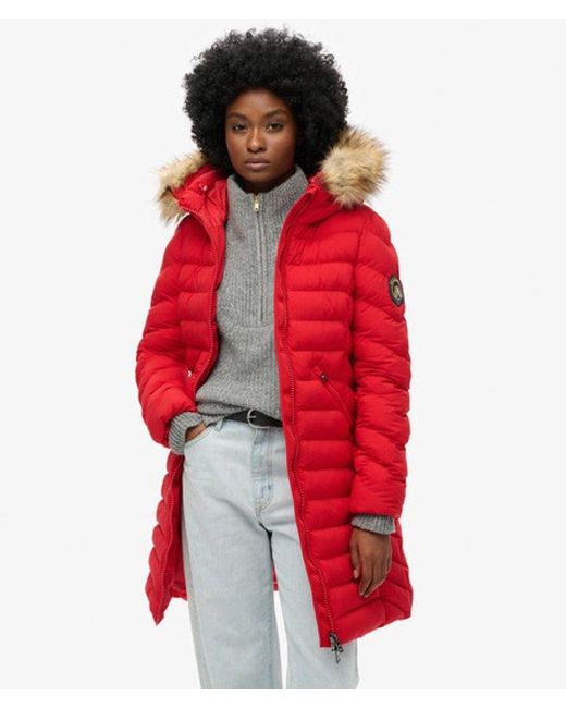 Superdry Red Fuji Faux Fur Hood Mid Length Puffer Coat