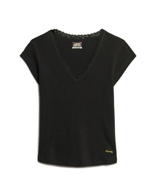 Superdry Black & Co Lace Trim Athletic Essentials V-neck Top