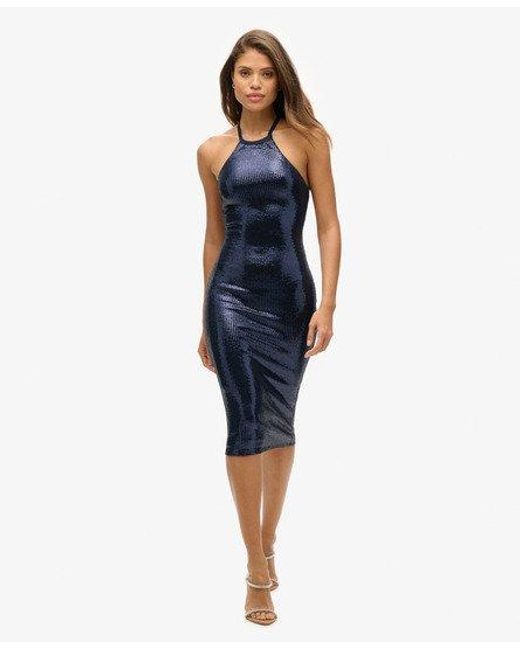 Superdry Blue Sequin Halter Neck Midi Dress