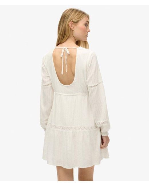 Superdry White Cotton Ibiza Long Sleeve Tiered Mini Dress