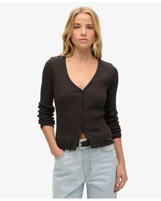 Superdry Black Ladies Slim Fit Ribbed Essential Button Through Long Sleeve Top
