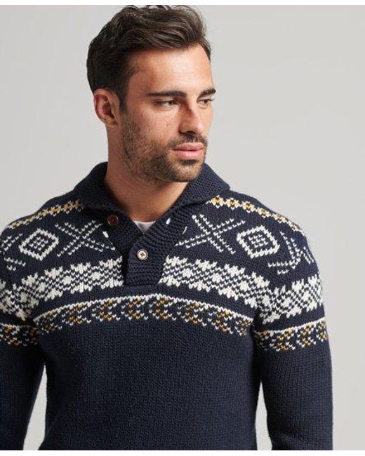 Superdry Patterned Knitted Shawl Jumper Blue for men