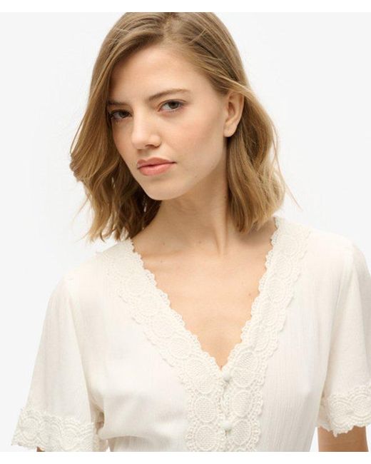 Superdry Natural Lace Detail Ibiza Short Sleeve Midi Tea Dress