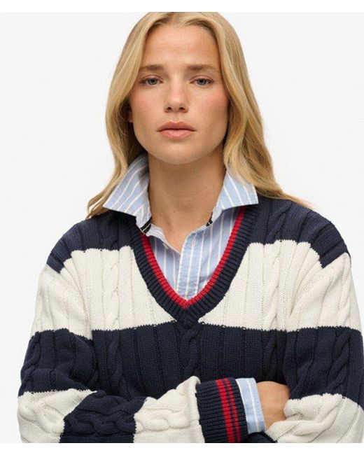 Superdry Blue & Co Stripe Oversized Cable V Neck Jumper
