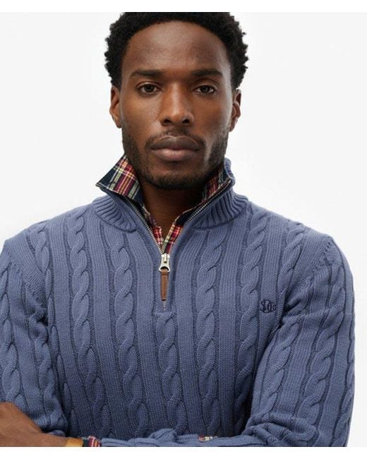 Superdry Men's Blue Organic Cotton Classic Cable Half-zip Sweater