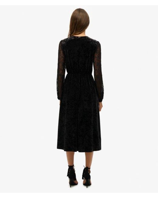 Superdry Black & Co Lace Sleeve Velvet Midi Dress