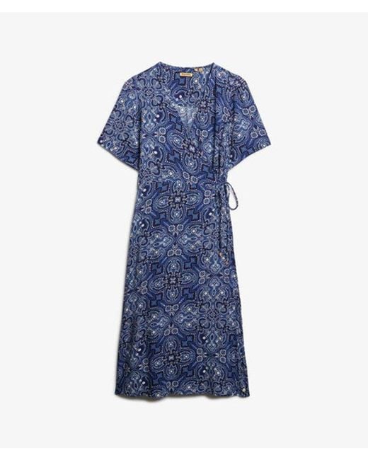 Superdry Blue Printed Wrap Midi Dress
