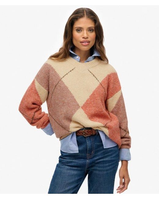 Superdry Blue & Co Oversized Argyle V Neck Jumper