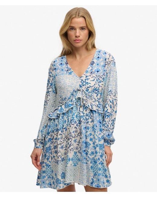 Superdry Blue Woven Tiered Mini Dress - Size: 8