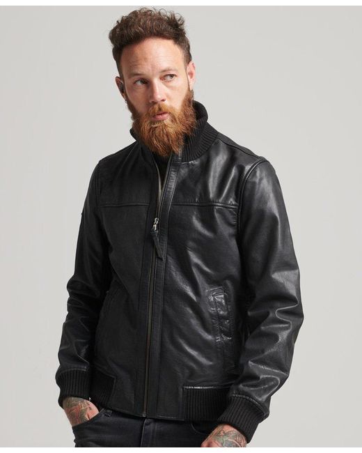 Superdry Knitted Collar Leather Bomber Jacket Black for Men | Lyst