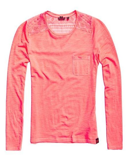 Superdry Pink Palms Embroidered Mesh Top Fluro Coral