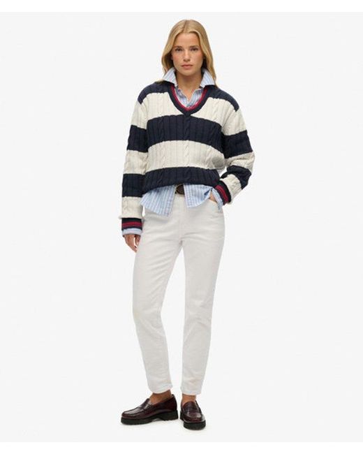 Superdry Blue & Co Stripe Oversized Cable V Neck Jumper