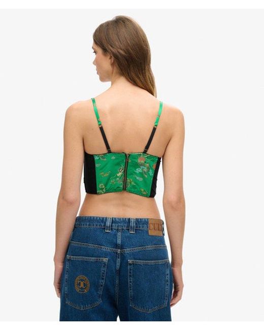 Superdry Green & Co Embroidered Satin Brocade Crop Corset Top