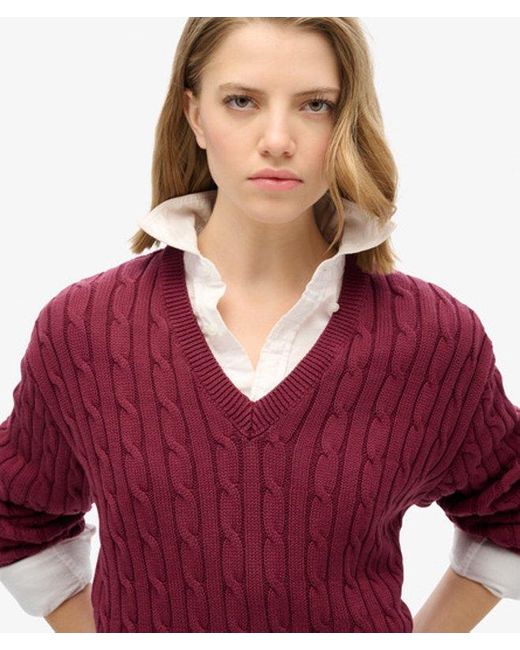 Superdry Red & Co Ladies Lightweight Cable Knit Oversized V Neck Jumper