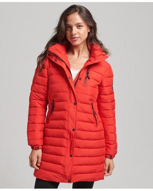 Superdry Red Faux Fur Hooded Mid Length Puffer Jacket