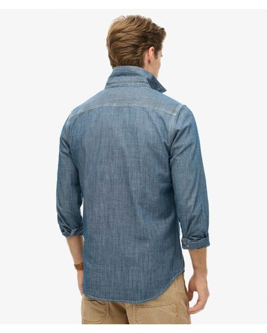 Superdry Blue Cotton Workwear Long Sleeve Shirt for men