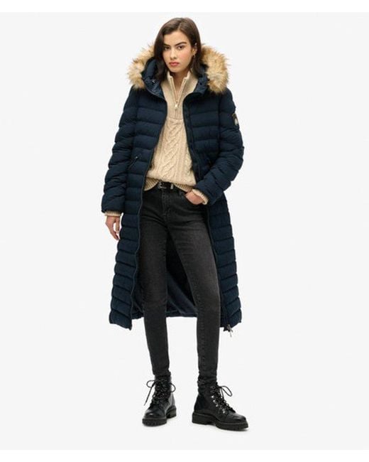 Superdry Blue & Co Slim Fit Fuji Faux Fur Hooded Long Jacket