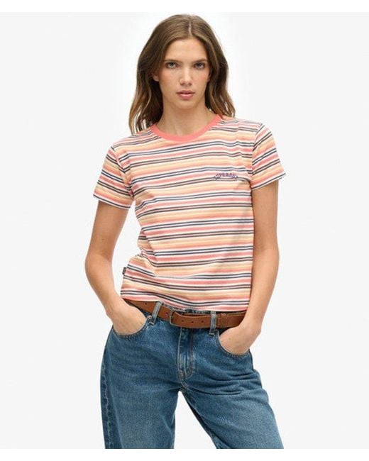 Superdry Pink & Co Ladies Slim Fit Essential Logo Striped Fitted T-shirt