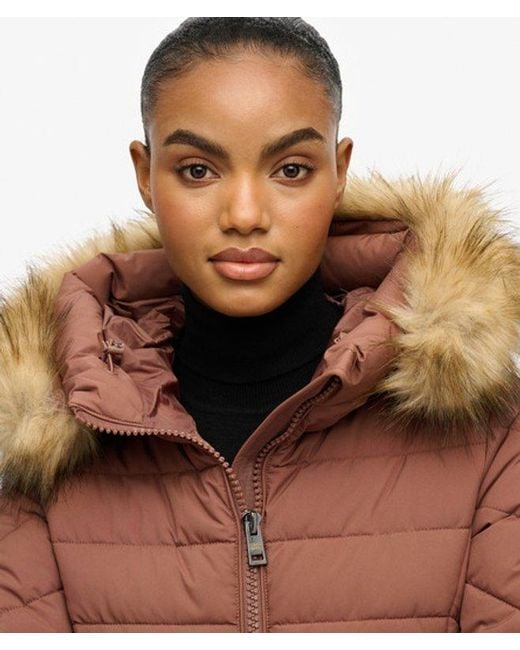 Superdry Brown & Co Fuji Faux Fur Hooded Mid Length Coat