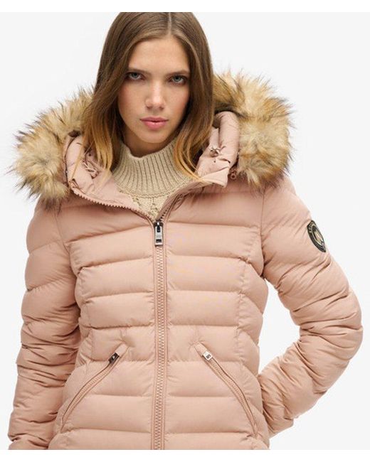 Superdry Natural Fuji Faux Fur Hood Mid Length Puffer Coat