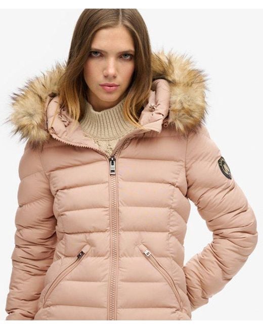 Doudoune mi-longue à capuche en fourrure synthétique Superdry en coloris Natural