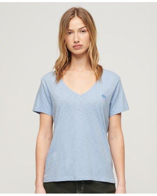 Superdry Blue Slub Embroidered V-neck T-shirt