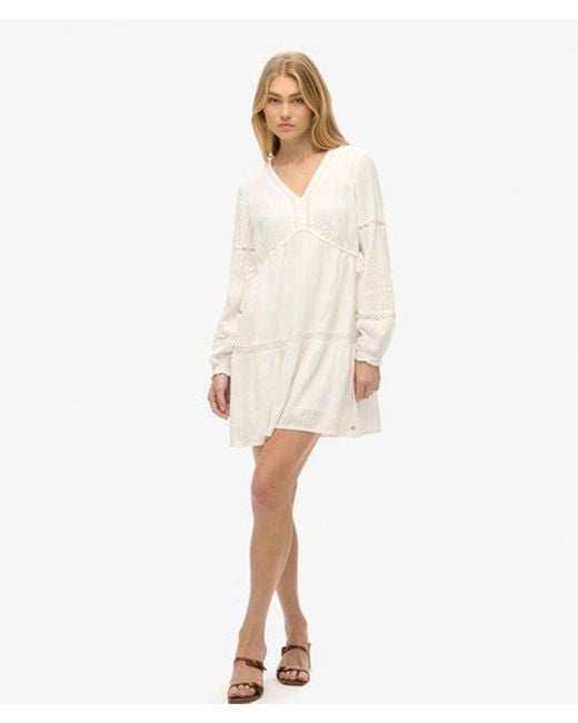 Superdry White Cotton Ibiza Long Sleeve Tiered Mini Dress