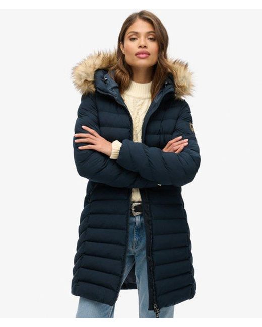 Superdry Blue & Co Slim Fit Logo Patch Fuji Faux Fur Hood Mid Length Puffer Coat