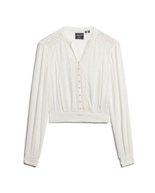 Superdry White & Co Long Sleeve Lace Trim Smocked Blouse