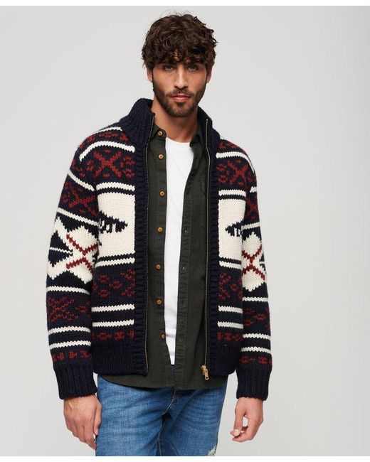 Superdry Chunky Knit Patterned Zip Through Cardigan in Blue for Men | Lyst