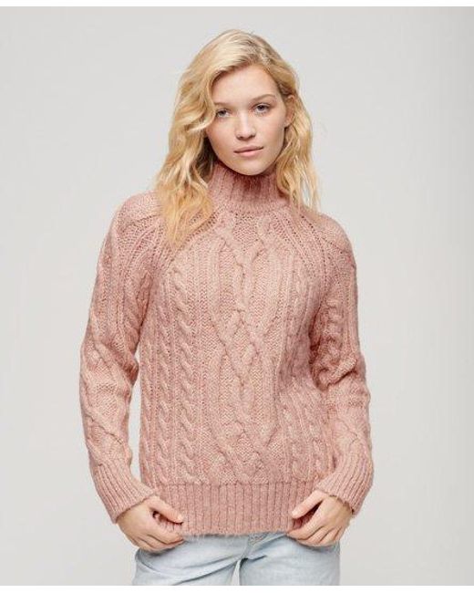 Superdry Pink High Neck Cable Knit Jumper